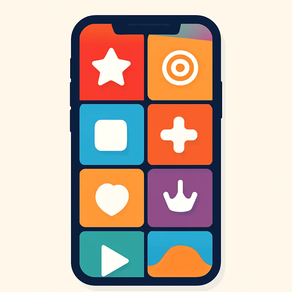 Smartphone shown from the front displaying a colourful flat layout of abstract game icons and rounded tiles (no text, no letters, no labels), Shree Win