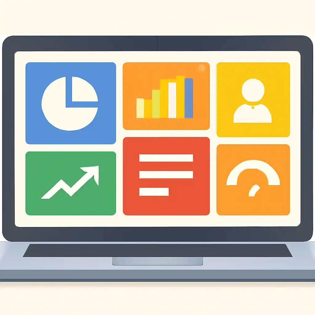 Laptop shown from the front displaying a colourful flat dashboard of abstract charts, bars and icon tiles (no text, no letters, no labels), Shree Win