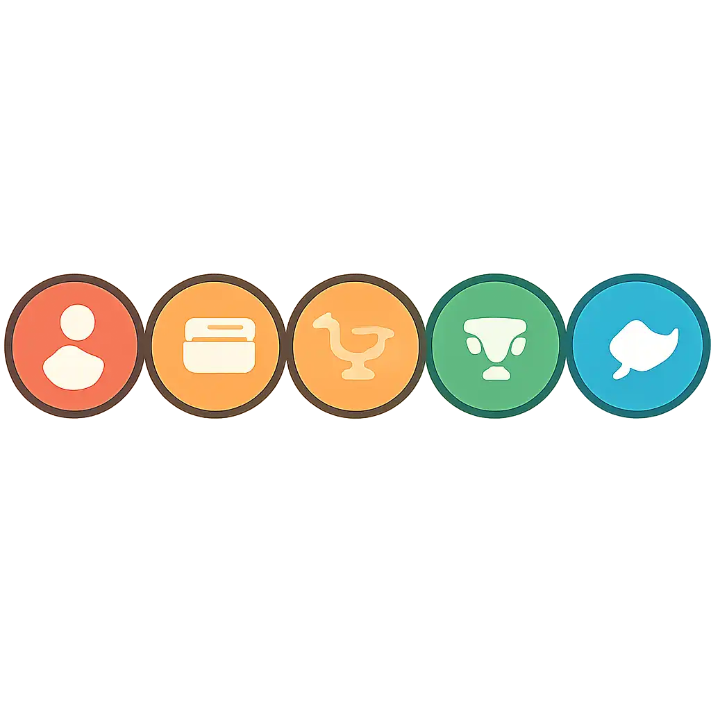 Five numbered circular icons connected by arrows in a horizontal flow, flat illustration, icons only, no words, Shree Win steps